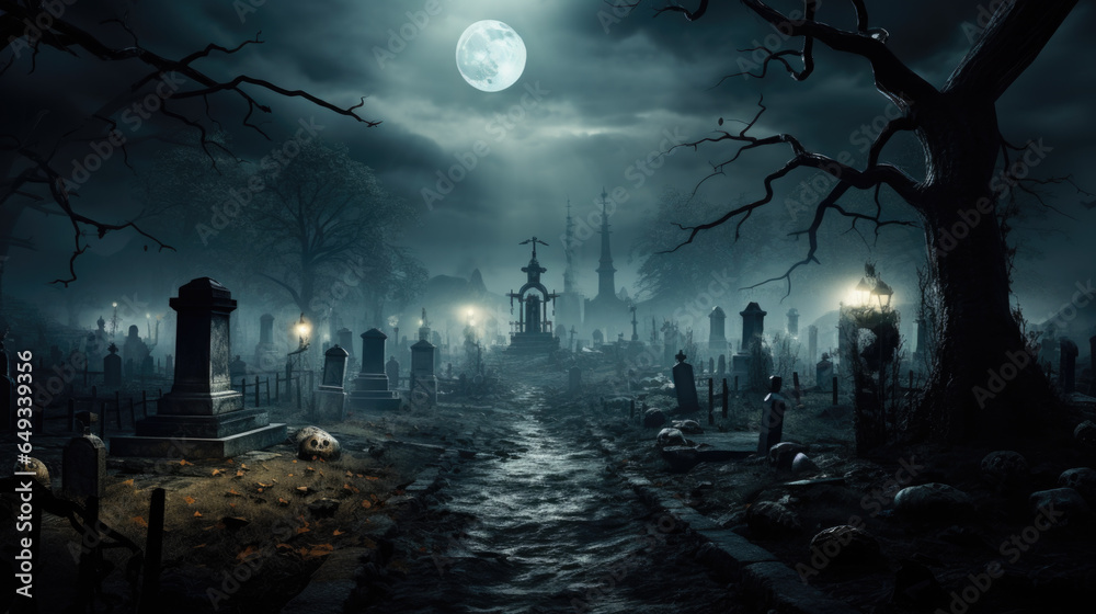spooky cemetery with graves at night with a full moon - obrazy, fototapety, plakaty 