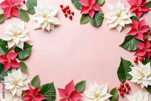 Christmas holiday frame of red pink white flowers on pastel pink background  © AI Exclusive 