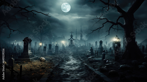 spooky cemetery with graves at night with a full moon
