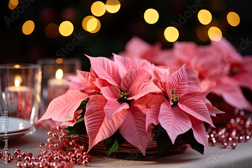 Fototapeta Naklejka Na Ścianę i Meble -  christmas pink holly star flowers on the table in bokeh light