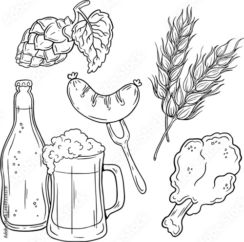 hand drawn set illustration of beer - black and white, black line vector