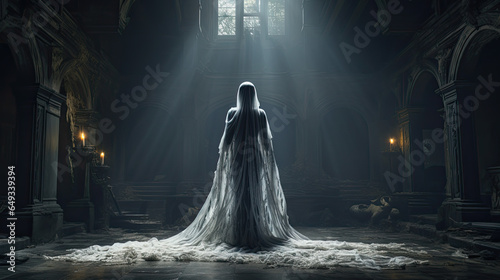 a woman in a long white dress disguised as a ghost in a dark, ramshackle room