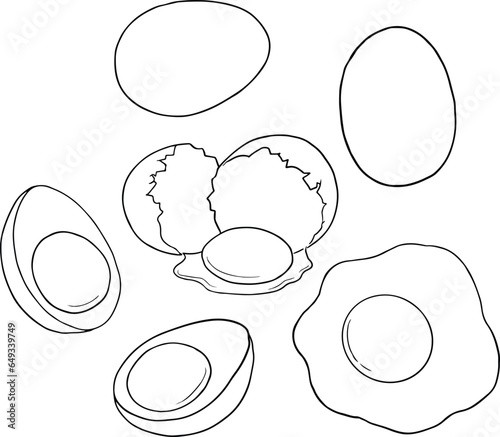 Whole and cracked, broken shell chicken egg composition, sketch style vector illustration isolated on white background. Hand drawn raw, boiled and fried - black and white, black line vector