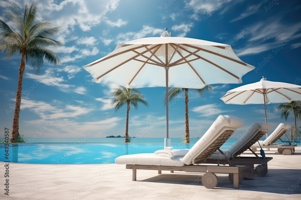 Luxurious swimming pool and loungers umbrellas near beach