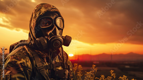 Man in gas mask and camouflage holding gun. Disaster concept