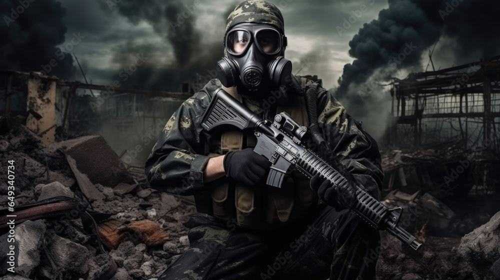 Man in gas mask and camouflage holding gun. Disaster concept Man in gas mask and camouflage holding gun. Disaster concept