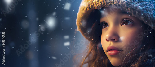 Close-up of a young girl bundled up laughing under the first snowfall of the winter season.