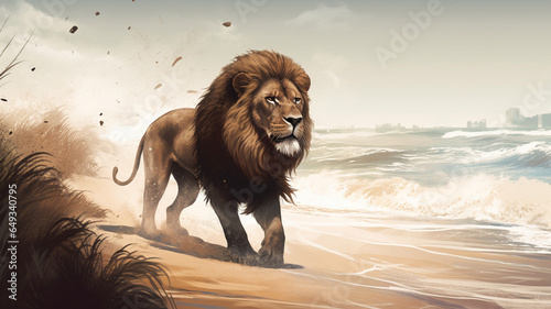 a lion ran to hunt on the beach Make sure the lion looks © jaargib