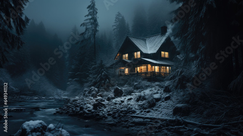 A cozy house in the middle of the forest at night with mountains in the background