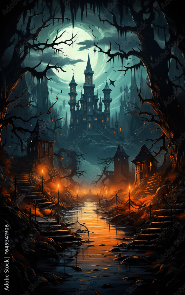 Halloween dark castle and pumpkin lanterns,created with generative ai tecnology.