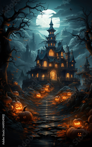 Halloween dark castle and pumpkin lanterns,created with generative ai tecnology.