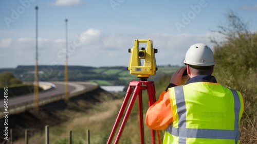 Male surveyor takes measurements near a theodolite. Chartered Surveying Services