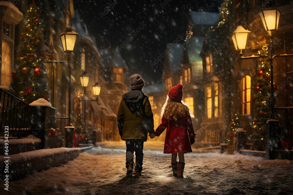 Two boys hand in hand walking in the street on Christmas night. Generative AI