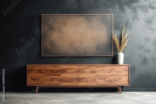 Mockup frame on wood cabinet in living room interior
