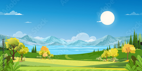 Spring Rural landscape by the lake with Green Field Meadow on Hills, Clouds and Blue Sky,Vector Cartoon horizon Nature Sunny day Summertime,Panoramic Countryside bye river with Mountain,flower