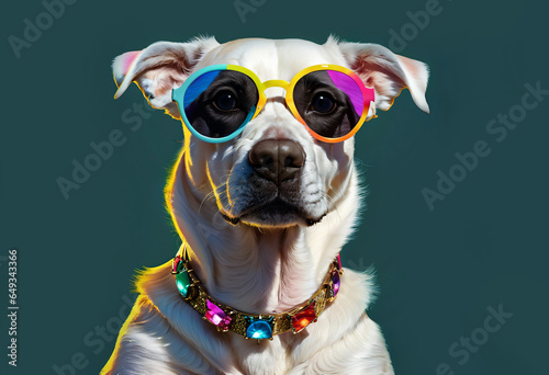 Creative animal concept image. Dog wearing sunglasses isolated on solid color pastel background, commercial photography, advertising photography, surrealistic photography