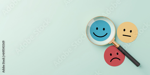 Fototapeta Naklejka Na Ścianę i Meble -  Positive thinking feedback, World mental health day, Magnifying glass focus Satisfied feedback icon, Excellent review result, Customer giving rating for experience or quality product, Opinion survey