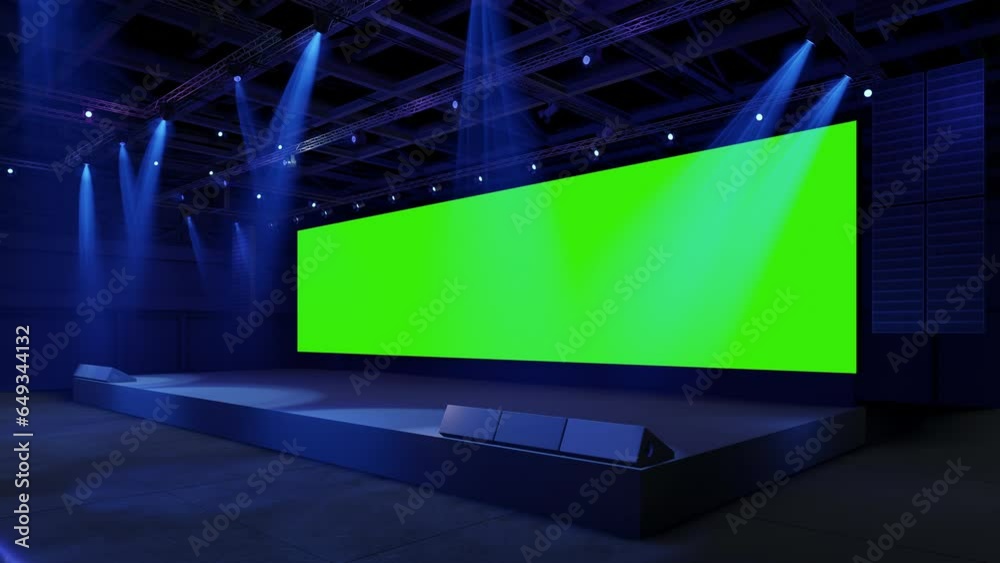 Motion Empty stage Design for mockup and Corporate identity,Display.Stage green screen in hall.Blank screen for Graphic Resources.Scene event led night light staging.Animation loop 4k.3D render.	