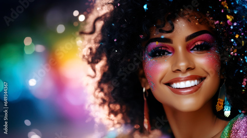 A smiling individual in a vibrant outfit blowing a handful of vibrant - colored glitter towards the camera against a plain backdrop, creating a magical and sparkling atmosphere.