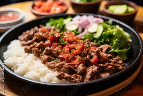 Yakiniku garnished with fresh salad and steamed rice on a ceramic plate