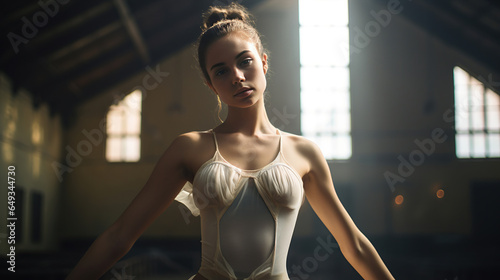 A candid shot of a young woman ballet dancer in a studio, embodying grace and discipline. Her authentic, gritty determination shines through her artistic expression.