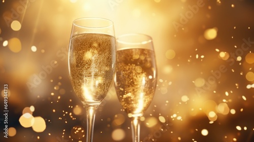 Two glasses of champagne over blur spots lights background.