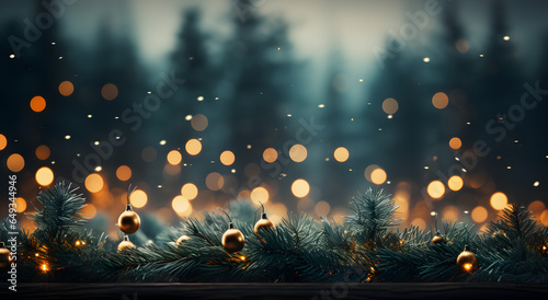 Green fir tree with beautiful Christmas lights, in the style of soft atmospheric light, nature - inspired with copy space, banner