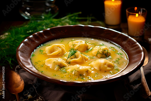 cappelletti in brodo. Traditional italian soup on wooden table photo