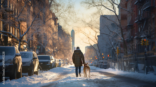 A man walks his dog along a city street blanketed in fresh snow, encapsulating urban beauty and the calm serenity of winter in a metropolitan center.