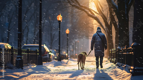 A man walks his dog along a city street blanketed in fresh snow  encapsulating urban beauty and the calm serenity of winter in a metropolitan center.