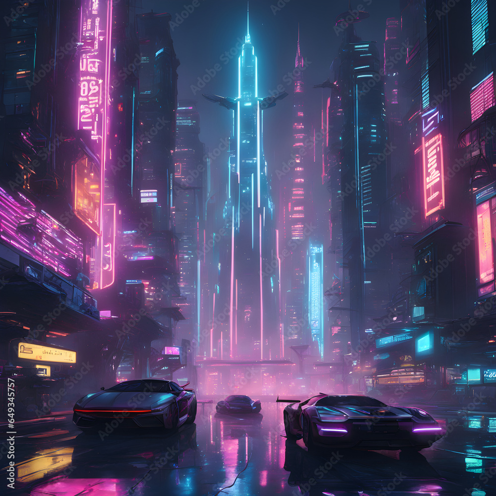 Cyberpunk cityscape with towering skyscrapers, neon signs, and cars.