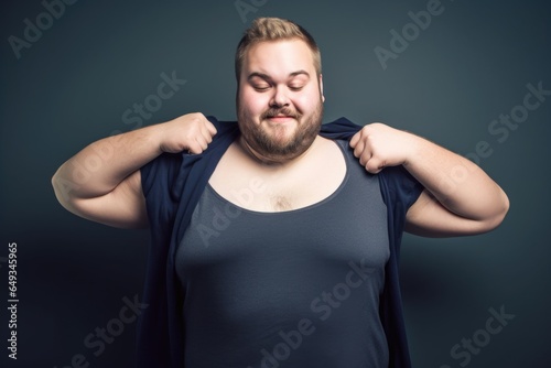 shot of a young man holding up his shirt to show he is overweight photo