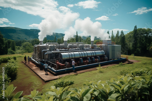 biomass power plant utilizing organic waste to produce energy, surrounded by lush greenery