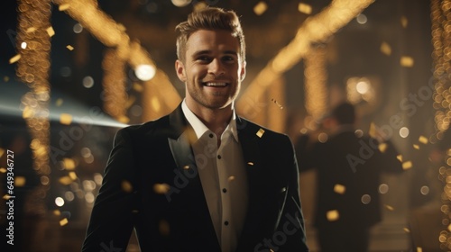 Portrait of adult smiling confident man in black suit celebrating Christmas party
