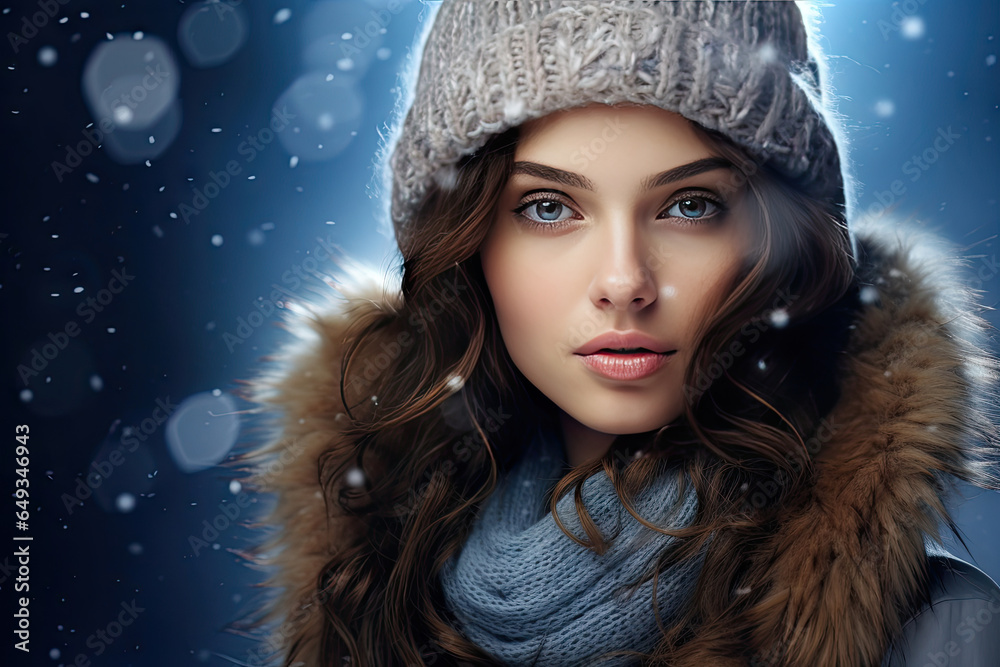 winter girl in a hat and scarf on a blurred light background. ai generative winter girl in a hat and scarf on a blurred light background. ai generative