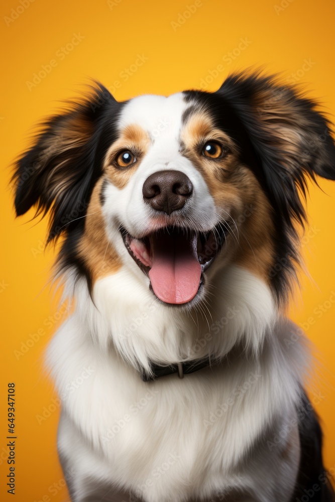portrait studio shot cute animal pet funny smiling dog standing on color wall background