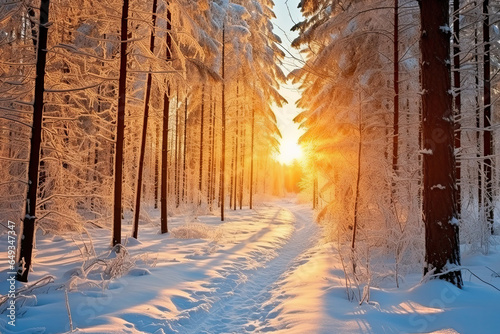 sunset in the forest, winter forest © Igor