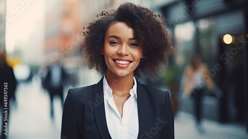 successful business woman wearing a suit, walking in the city, close up