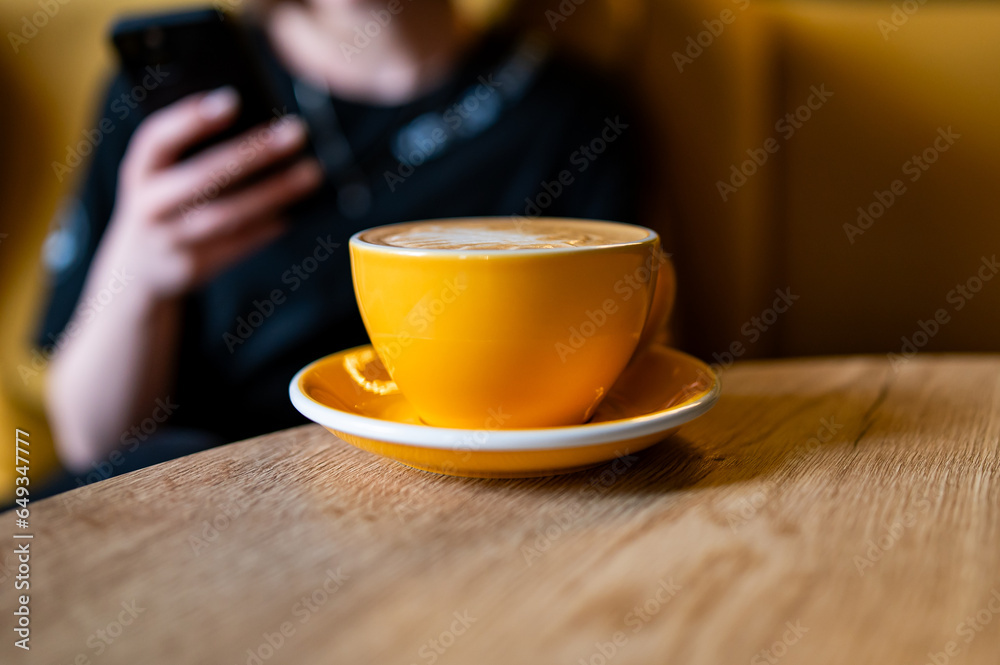 young woman's hands holding mobile smart phone sitting in cafe with cup of cappuccino coffee