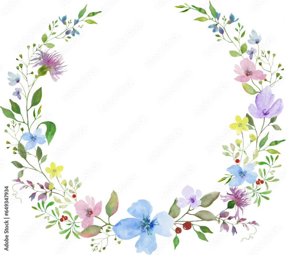 Watercolor  wreath with wildflowers, berries.  IHand drawn llustration for greeting, floral postcard and invitations isolated on white background. Vector EPS.