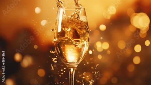 Glass of champagne over blur spots lights background.