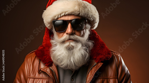 Merry Christmas holiday vacation winter greeting card concept, - Cool hipster Santa Claus with sunglasses, isolated on red background © Ekaterina