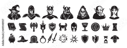 Game fantasy icon vector set, magic dungeon dragon RPG sign, medieval warrior avatar, fairytale sign. Knight battle sword, armour helmet, power weapon, witch hat, potion cauldron. Fantasy icon kit