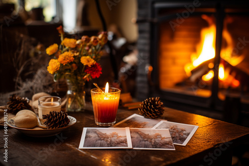flat lay of autumn postcards placed on a cozy hearth  with a crackling fireplace in the background  creating a warm and inviting atmosphere