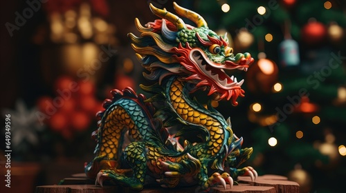 Chinese dragon on a Christmas background. Holiday banner. New Year 2024