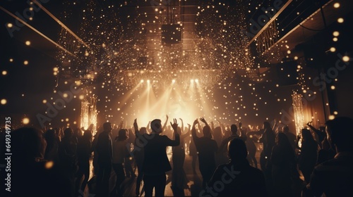 Christmas party in gold color. Crowd raising their hands and enjoying great party © brillianata