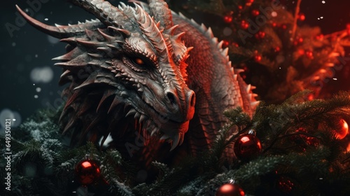 Fantasy dragon on a blurred Christmas background. New Year celebration. © brillianata
