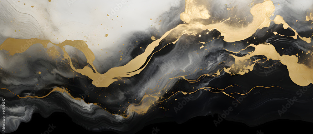 Abstract marble marbled ink painted painting texture luxury background banner, Black waves swirls gold painted splashes, Generative AI