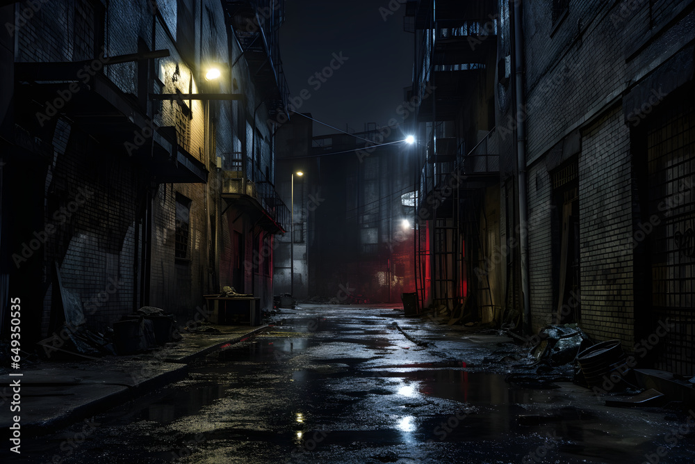 Back street alley with old city houses in rain at night, Generative AI - obrazy, fototapety, plakaty 