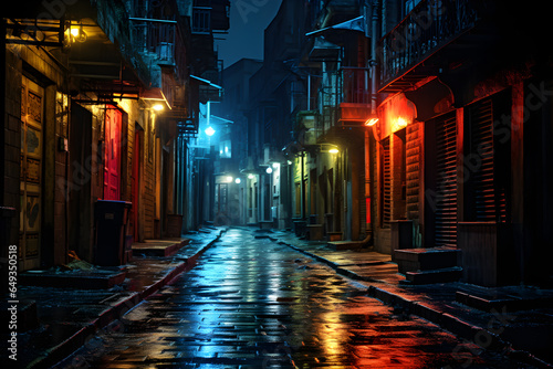 Back street alley with old city houses in rain at night, Generative AI